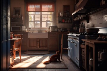 retro kitchen in a cottage with sleeping cat