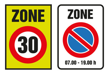 Common area rule warning sign with people and car with speed limit. As well as a parking area.