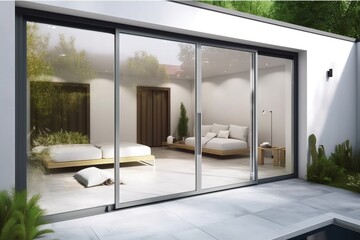 Modern house with sliding doors to the garden, generative ai