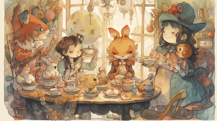 Fantasy Tea Party, Watercolor Painting, Generative AI