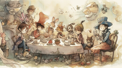 Playful Tea Party, Watercolor Illustration, Generative AI