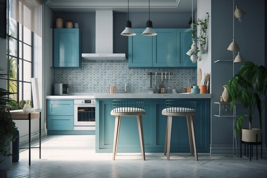 White and blue kitchen interior with bar,Generative_AI_