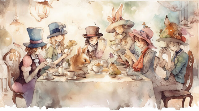 Playful Tea Party, Watercolor Illustration, Generative AI