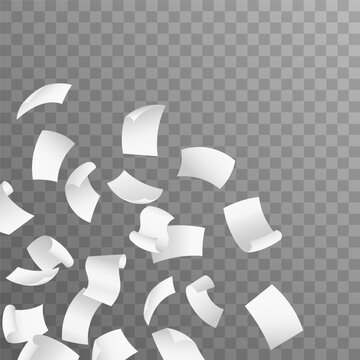 Flying paper sheets. Isolated on transparent background. Realistic 3d Detailed White Blank Empty Flying Papers.