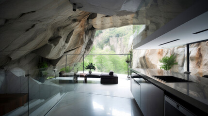 Interior of a modern minimalistic style house design in a rock. Generative AI