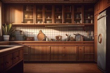 Wooden cupboards in cozy kitchen,Generative AI