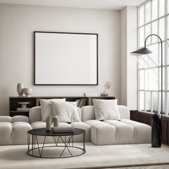 Mockup poster frame on the wall of living room. Luxurious apartment background with contemporary design. Modern interior design. 3D render, 3D illustration