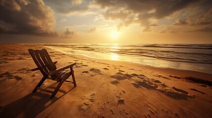 Beach chair and umbrella on beautiful beach. Sunset over ocean. Travel paradise concept. Generative AI