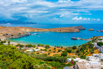 Panorama view of Lindos beach at Greek island Rhodes