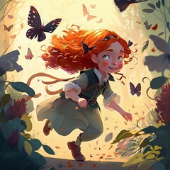 Obraz na płótnie Canvas Chasing Dreams: A Red-Haired Girl Joyfully Pursues a Group of Beautiful Butterflies