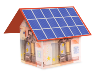 House with euro notes and photovoltaic module, transparent background