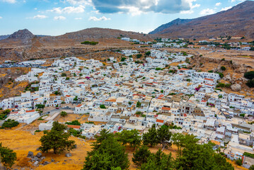 Panorama view of white houses at Greek town Lindos at Rhodes island