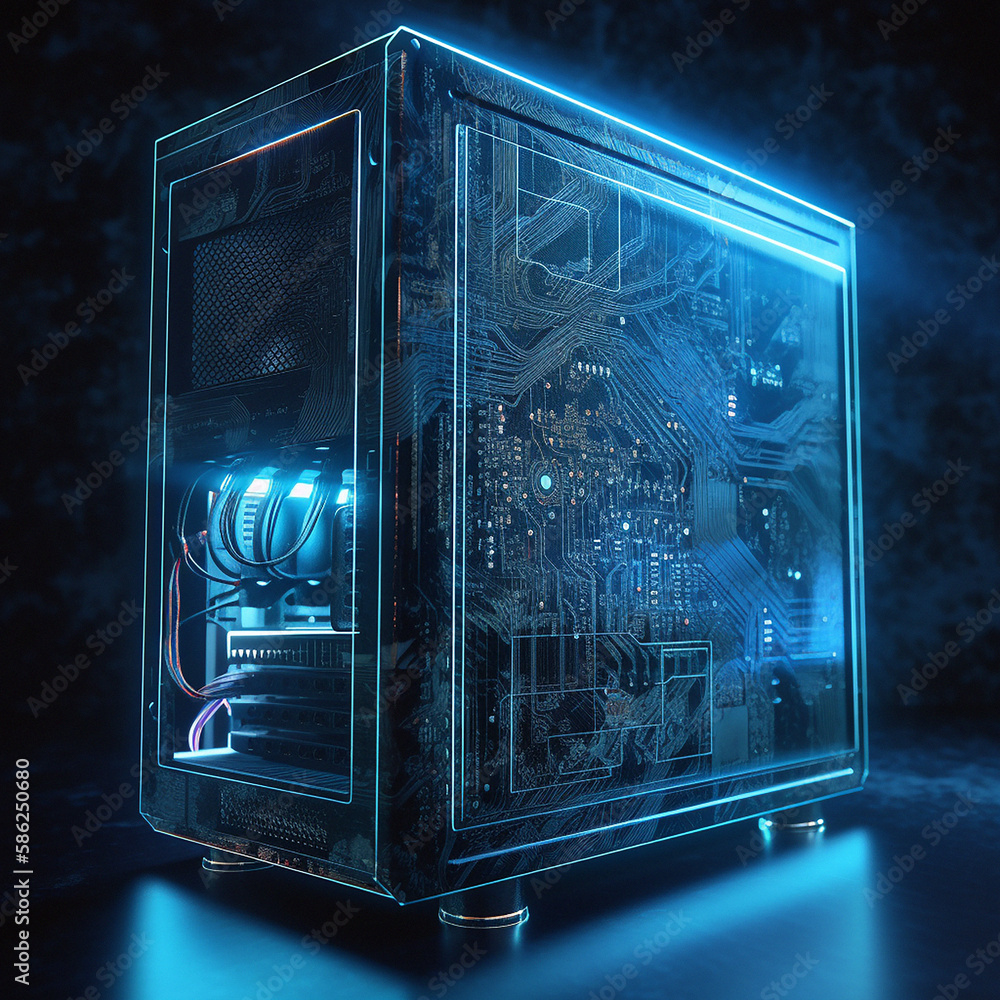 Aufkleber futuristic, computer and server machine technology with power for digital processing, circuit or mot