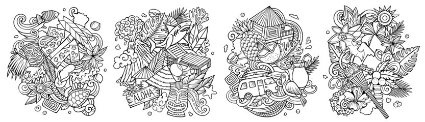 Hawaii cartoon vector doodle designs set.