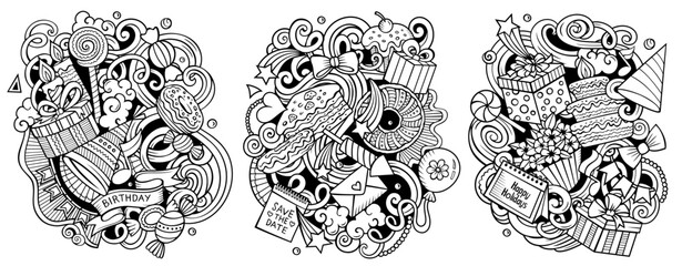 Birthday cartoon vector doodle designs set.