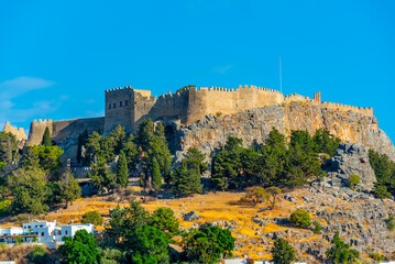 View of Lindos Acropolis at Greek island Rhodes