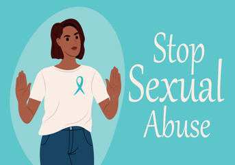 Sexual Assault Awareness Month Banner. Woman against sexual violence. Awareness ribbon.