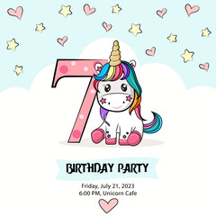 baby card, seventh birthday party invitation with baby unicorn