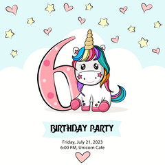 baby card, sixth birthday party invitation with baby unicorn