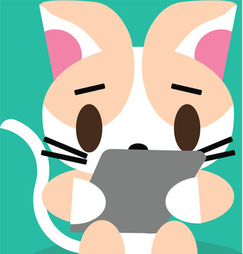 Kitten Using Tablet Flat Art  Illustration
