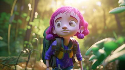 purple hair girl in the forest, cartoon animation, generative AI