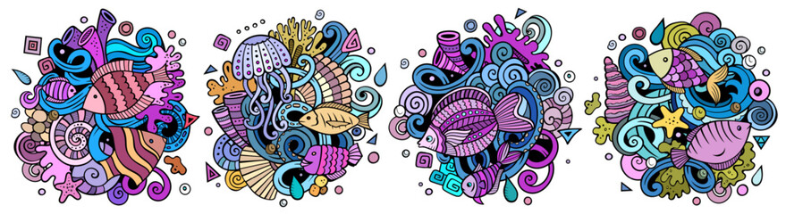 Underwater life cartoon vector doodle designs set.
