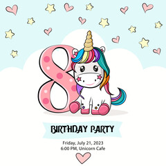 baby card, fifth birthday party invitation with baby unicorn