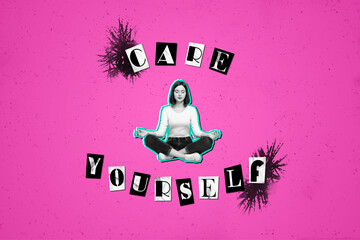 Modern conceptual collage pic young girl care yourself herself practicing yoga keep inner mind...