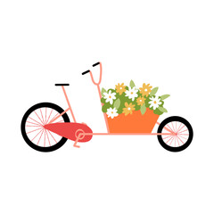 Dutch cargo cycle or Netherland pink bakfiets bike with a container full of flowers, landscape design, spring symbol.