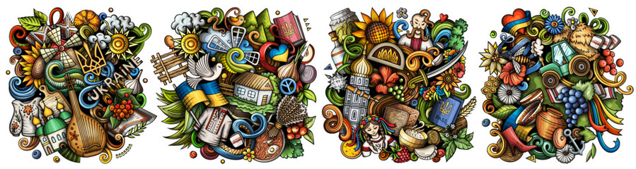 Ukraine cartoon vector doodle designs set.