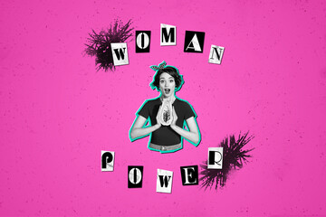Magazine poster banner collage with woman power concept female must stand together pink retro colored background