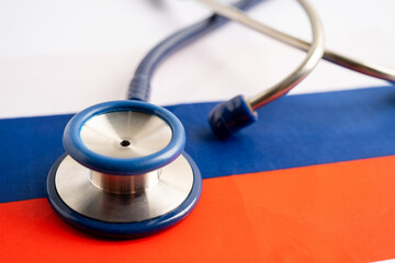 Stethoscope on Russia flag background, Business and finance concept.