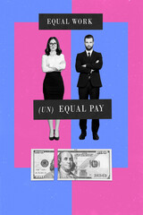 Conceptual collage picture with woman and man business people fighting for equal pay salary...