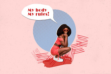 Photo collage picture of young afro american lady girl choosing own rules for her body clothes life...