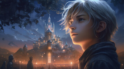 A painting of a  boy in front of a castle