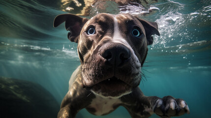 A dog swimming in the under water with the word pitbull on the front.