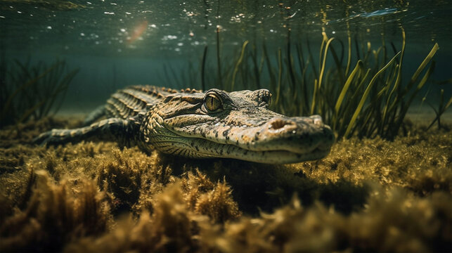 A crocodile is in the under water with the sun shining on it.