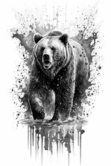 Grizzly Bear Ink Drawing In Splash of Inked Black and White Animal Intricate Details Artwork generative ai