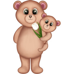 Watercolor mother teddy bear with baby and white tulip flowers. Mother’s Day animal illustration isolated on transparent background. Mother’s Day,birthday,greeting,invitations, etc.