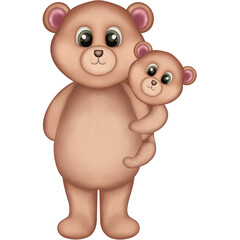 Watercolor mother teddy bear with baby. Mother’s Day animal illustration isolated on transparent background. Mother’s Day,birthday,greeting,invitations, etc.