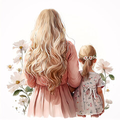 Naklejka premium Springtime Love: Mother and Daughter Watercolor Portraits Blooms for Mother's Day AI Generated
