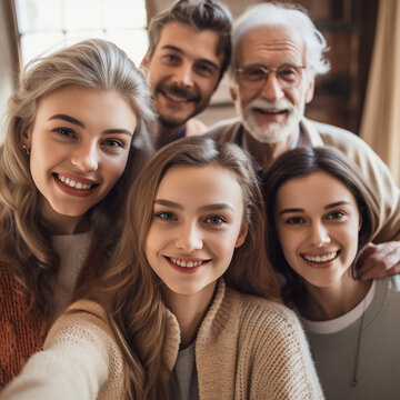 Portrait selfie of grandparents, parents and children at home for relaxing, bonding and quality time. Big family, multicultural and faces of happy people smile for ai generated picture together