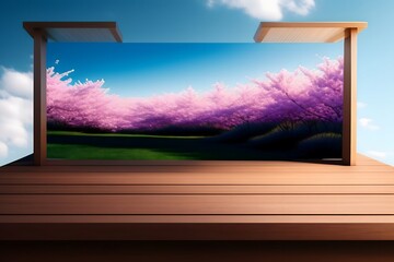 Rendering of "Empty Wooden Table Top with Cherry Blossom Background". Generative AI. 