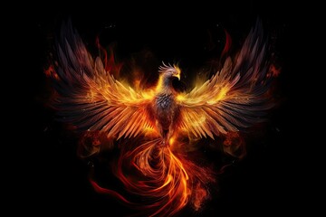 Fiery Rebirth: A Phoenix with Burning Wings & Feathers on a Black Background: Generative AI