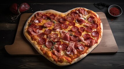 Freshly Baked Pizza for a Romantic Valentine: Heart-Shaped Pepperoni & Salami with Cheese. Generative AI