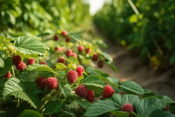 Poster Organic Plantation: Fresh Red and Green Raspberries Growing, Harvesting, and Nutrition Benefits, Generative AI © AIGen