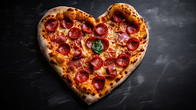 Romantic Pizza Treat for Valentine's Day: Heart-Shaped Pizza with Pepperoni and Cheese, Generative AI