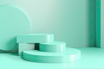 Empty podium, mock up placement display, blank beauty stand for cosmetic product fashion ads on minimal turquoise color background. Luxury pedestal stage mockup scene platform ai generative concept.