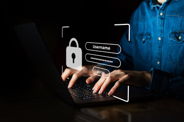 User typing login and password. Cyber security concept and data protection with secured internet access. Cybersecurity lock username.