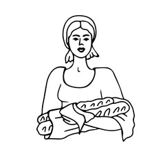 Woman with baguettes. Line illustration. Isolated on white background.